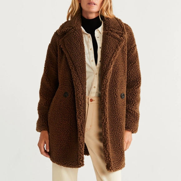 Mango Jackets & Blazers - NWT Mango Brown Double Breasted Faux Shearling Teddy Coat M